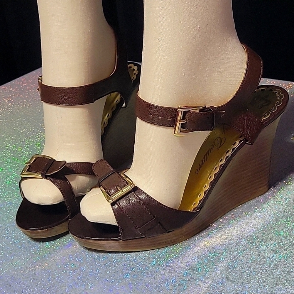 Y2k Vintage Juicy Couture Brown Leather Peep Toe Wedge Sandal SZ:9.5